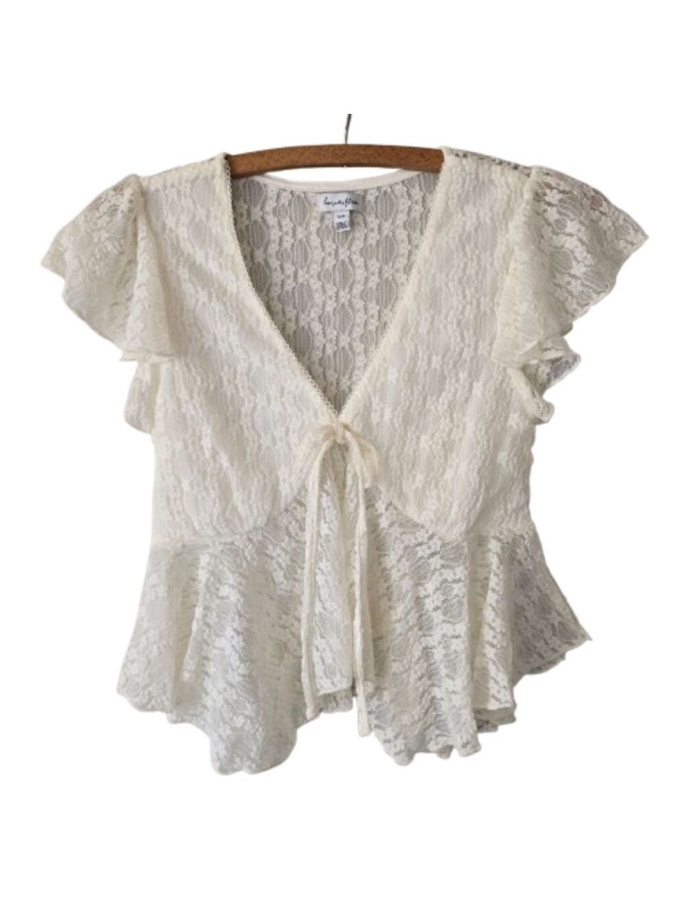 love, Fire Ivory Lace Tie-Front Peplum Cropped Blouse